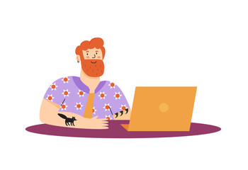 Vector flat illustration with young man working with his laptop.