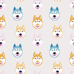 Seamless pattern with happy husky dog faces. © mashasalut