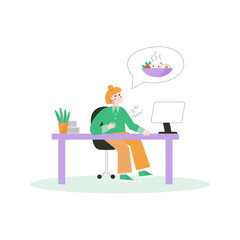 Vector flat illustration with hungry young woman working at the office and thinking about lunch.
