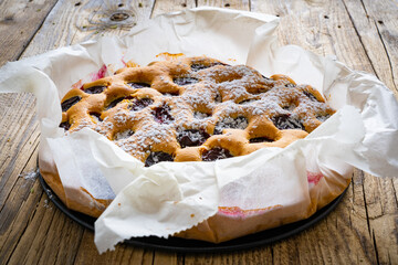 Fruit cake on wooden table
