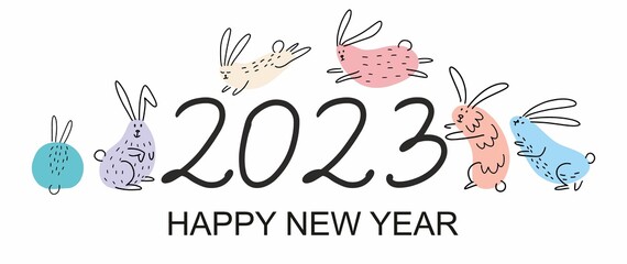 Illustration with funny rabbits and the inscription 2023 new year