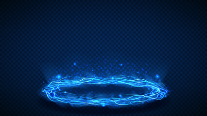 Vector illustration of round fantastic portal. Fantastic element with lightnings for presentation of digital goods. Round teleport or magic portal with lightnings isolated on checkered background.