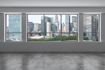 Naklejka na ściany i meble Midtown New York City Manhattan Skyline Buildings Window Background. Expensive Real Estate. Empty room Interior Skyscrapers View Cityscape. East Side United Nations Headquarters. 3d rendering