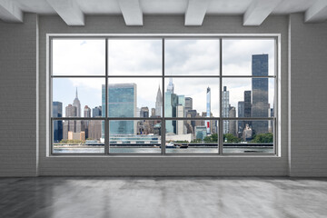 Midtown New York City Manhattan Skyline Buildings Window Background. Expensive Real Estate. Empty room Interior Skyscrapers View Cityscape. East Side United Nations Headquarters. 3d rendering