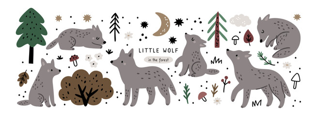 Cute cartoon wolves animals vector set. Wolf and cubs family in different pose. Scandinavian style illustration. Hand drawn autumn woodland animals, wolves, trees, mushrooms, flowers, leaves