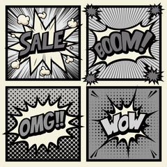 Fototapeta premium Black and white pop art comics book magazine, speech bubble, balloon, box message, Sale, Boom, OMG, Wow.