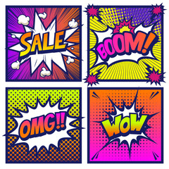 Pop art comics book magazine, speech bubble, balloon, box message, Sale, Boom, OMG, Wow.