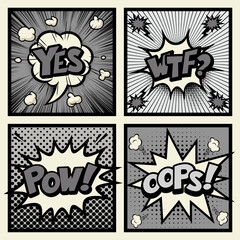 Black and white pop art comics book magazine, speech bubble, balloon, box message, Yes, WTF, Pow,  Oops.