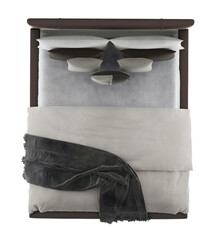 Luxury modern gray, black, brown leather bedding set. Bed. Top View