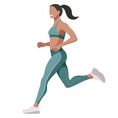 Fototapeta na wymiar vector illustration of a beautiful slender girl in a sports uniform (leggings and a sports bra) is engaged in fitness, sports, trains isolated on a white background. woman runs. morning run. jogging.