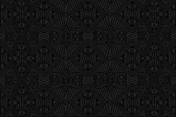 Embossed black background, ethnic vintage cover design. Geometric creative 3D pattern, hand drawn, boho style. Exotic tribal ornaments of East, Asia, India, Mexico, Aztecs, Peru.