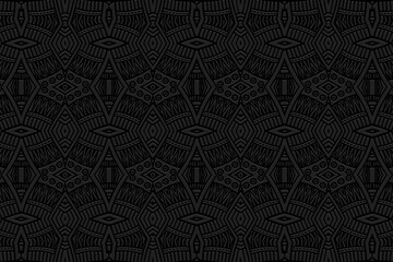 Embossed black background, ethnic vintage cover design. Geometric original 3D pattern, handmade, boho style. Exotic tribal ornaments of East, Asia, India, Mexico, Aztecs, Peru.