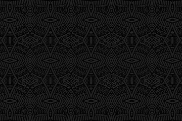 Embossed black background, ethnic vintage cover design. Geometric original 3D pattern, handmade, boho style. Exotic tribal ornaments of East, Asia, India, Mexico, Aztecs, Peru.