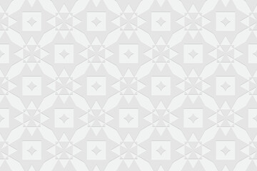 Embossed white background, ethnic cover design. Geometric 3D pattern, press paper, boho style. Exotic tribal ornaments of East, Asia, India, Mexico, Aztecs, Peru.