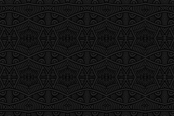 Embossed black background, ethnic vintage cover design. Geometric trendy 3D pattern, hand drawn, boho style. Exotic tribal ornaments of East, Asia, India, Mexico, Aztecs, Peru.
