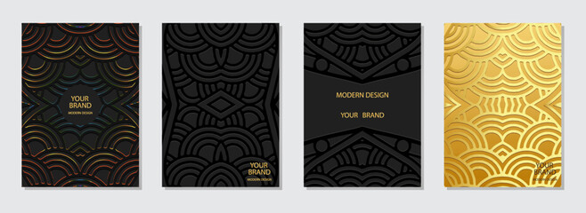 Set of ethnic covers, vertical templates. Collection of relief geometric black backgrounds with 3d pattern, golden texture, boho style. Tribal design of East, Asia, India, Mexico, Aztec, Peru.