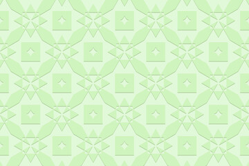 Embossed light green background, ethnic cover design. Geometric abstract 3D pattern, press paper, boho style. Exotic tribal ornaments of East, Asia, India, Mexico, Aztecs, Peru. 