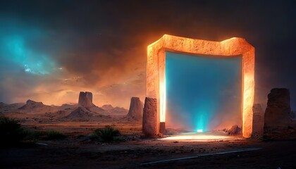 Square illuminated portal opened in desert under cloudy sky