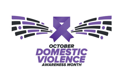 Obraz premium Domestic Violence Awareness Month in October. Celebrate annual in United States. Awareness purple ribbon. Day of Unity. Prevention campaign. Stop women abuse. Poster, banner and background. Vector