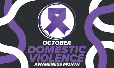 Domestic Violence Awareness Month in October. Celebrate annual in United States. Awareness purple ribbon. Day of Unity. Prevention campaign. Stop women abuse. Poster, banner and background. Vector