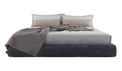 Minimalism gray ivory khaki bedding set, bed, front view - obrazy, fototapety, plakaty