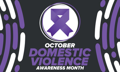 Domestic Violence Awareness Month in October. Celebrate annual in United States. Awareness purple ribbon. Day of Unity. Prevention campaign. Stop women abuse. Poster, banner and background. Vector