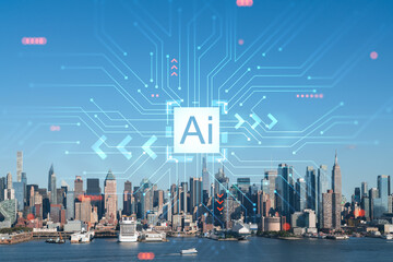 New York City skyline from New Jersey over the Hudson River towards Midtown Manhattan at day time. Artificial Intelligence concept, hologram. AI, machine learning, neural network, robotics