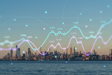 New York City skyline from New Jersey over Hudson River with Hudson Yards skyscrapers at sunset. Manhattan, Midtown. Forex graph. The concept of internet trading, brokerage and fundamental analysis