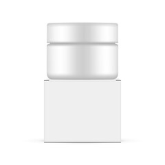 Plastic Cosmetic Jar With Square Box, Front View, Isolated on White Background. Vector Illustration