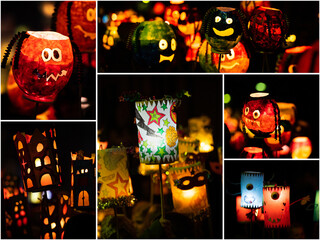 Collage mit bunten Laternen beim Martinsumzug an Sankt Martin