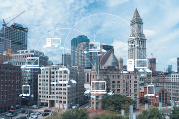 Financial downtown city view panorama of Boston from Harbor area at day time, Massachusetts. Glowing Social media icons. The concept of networking and establishing new connections between people