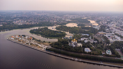 Drone aerial view of the historical center of Yaroslavl, Russia, with the Cathedral of the Assumption and the boulevard at sunset. travel background © sergeialyoshin