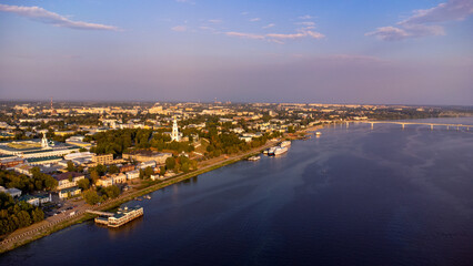 Drone aerial view of the historical center of Kostroma, Russia, with and Volga river at sunset. travel background © sergeialyoshin