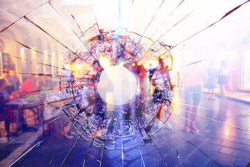abstract simulation blurred view of the city bullet holes on the window glass, shooting war...