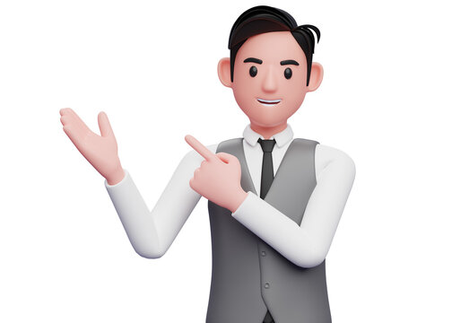 businessman in gray vest suit Pointing and recommending pose, 3d illustration of businessman in gray vest suit pointing side up