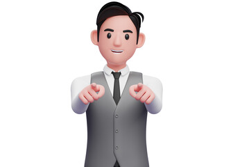 portrait of a businessman in gray vest suit pointing to the camera with both hand, 3d illustration of a businessman pointing camera with both index finger