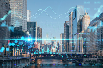 Plakat Panorama cityscape of Chicago downtown and Riverwalk, boardwalk with bridges at sunset, Illinois, USA. Forex graph hologram. The concept of internet trading, brokerage and fundamental analysis