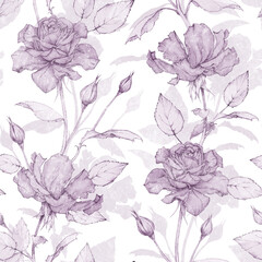 Floral delicato background with beautiful pink rosses. Seamless botanical pattern.  Hand drawing.