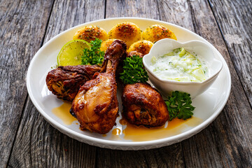 Roasted chicken drumsticks with fried potato and cucumbers in cream on wooden table


