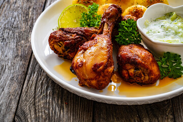 Roasted chicken drumsticks with fried potato and cucumbers in cream on wooden table

