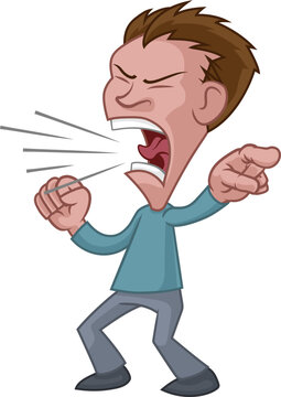 An angry man cartoon character. Shouting, yelling or screaming and pointing with his finger.