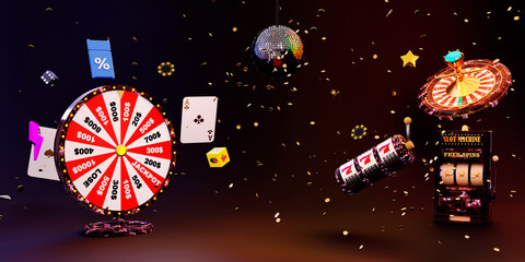 Online casino. 3D realistic roulette wheel and slot machine on black with neon background. 777 Big win concept banner casino. Gambling concept design. 3d rendering illustration.