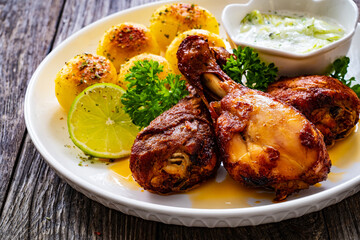 Roasted chicken drumsticks with fried potato and cucumbers in cream on wooden table

