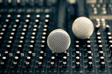 Close-up microphone and sound mixer in studio for sound record control system and audio equipment and music instrument