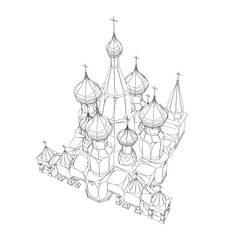 The contour of the church building with domes from black lines isolated on a white background. Isometric view. 3D. Vector illustration.