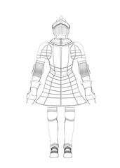 The outline of a medieval soldier's armor from black lines isolated on a white background. Front view. Vector illustration.