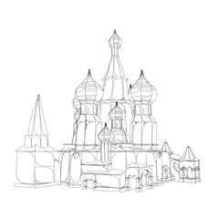 The contour of the church building with domes from black lines isolated on a white background. Front view. 3D. Vector illustration.