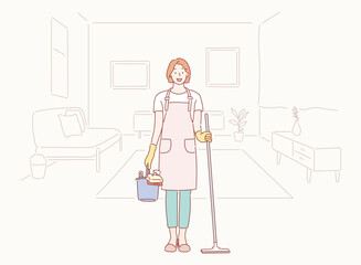Smiling woman doing housework. Hand drawn style vector design illustrations.