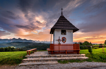 Chapel. The pass on Łapsznka, a view of the Tatras, meadows and pastures. Summer, Poland. Tatra...