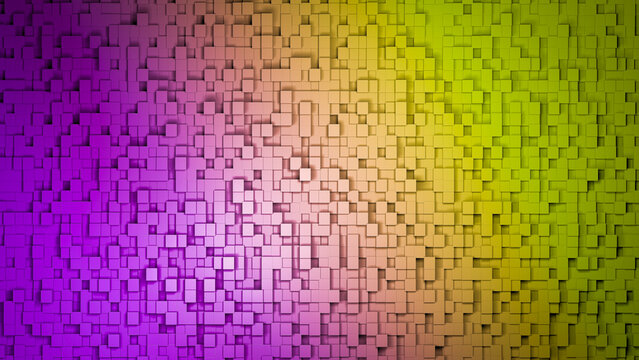 Geometric colorful abstract 3D background of rainbow squares and cubes. Science, design, game, technology, lifestyle concept.